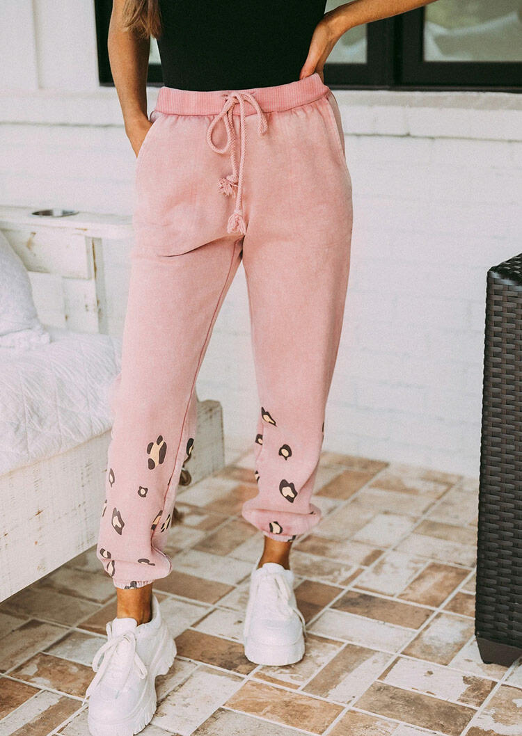 

Leopard Pocket Drawstring Elastic Waist Pants - Pink, 489825