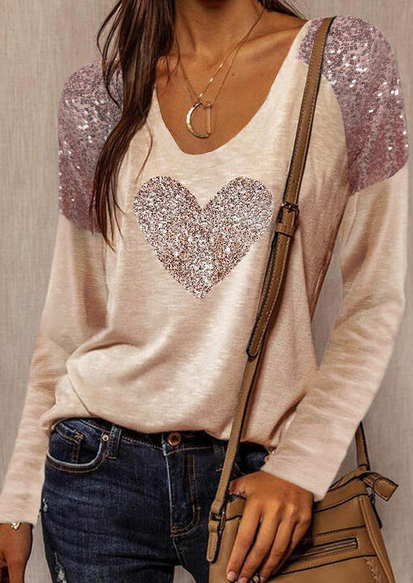 

Sequined Splicing Love Heart Long Sleeve Blouse - Khaki, 490208