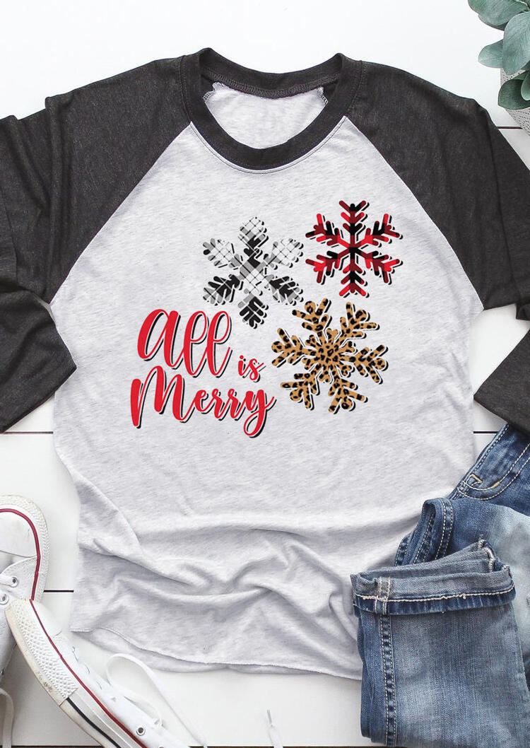

Christmas All Is Merry Leopard Snowflake T-Shirt Tee - Dark Grey, 490584