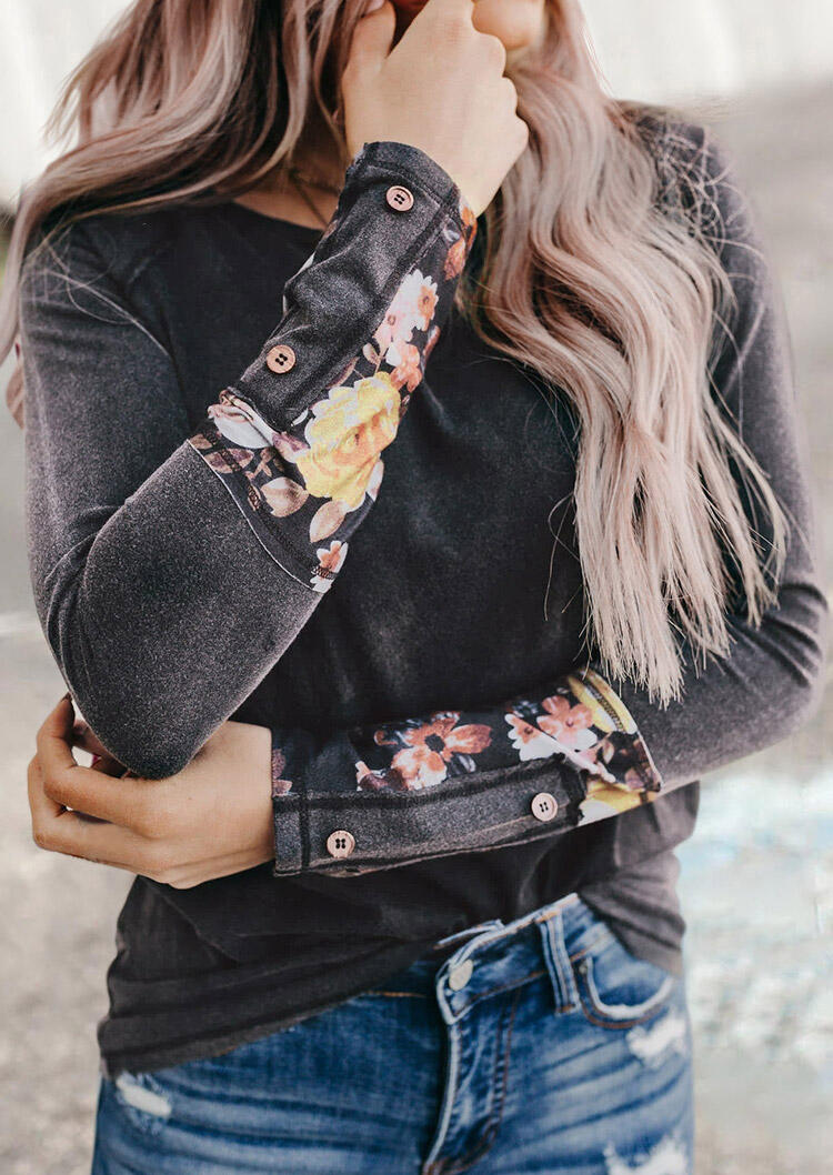

Floral Splicing Button Long Sleeve Blouse - Dark Grey, 490743
