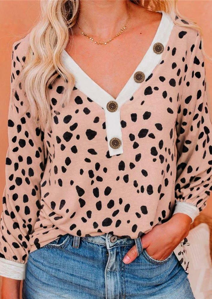 

Leopard Button V-Neck Casual Blouse, 490786