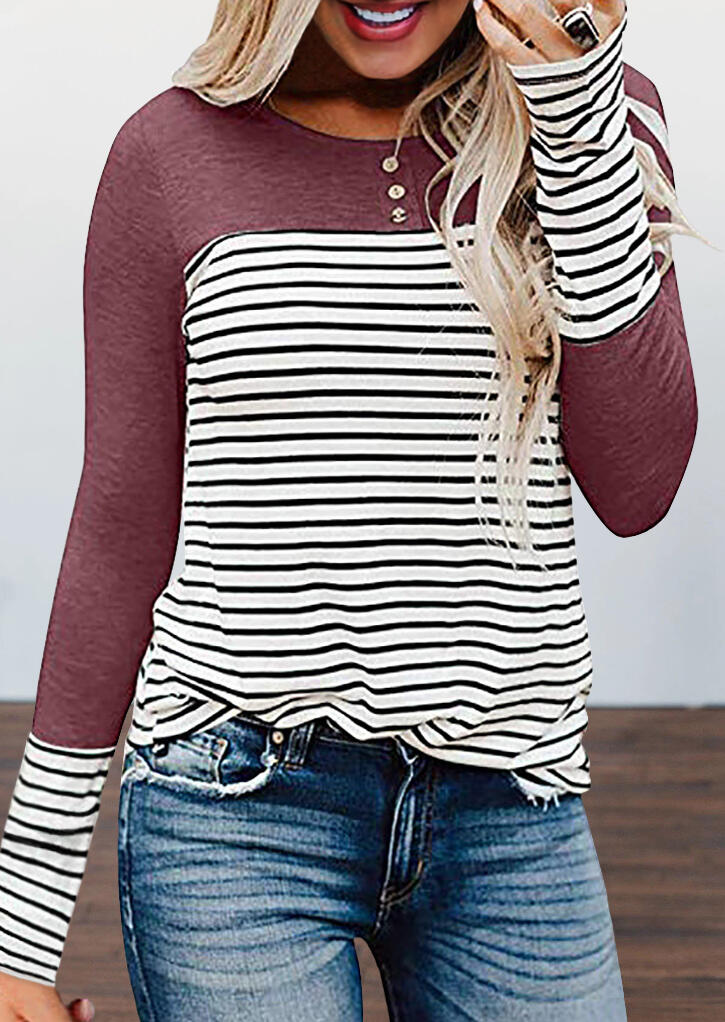 

Striped Splicing Button Long Sleeve Blouse - Cameo Brown, 490799