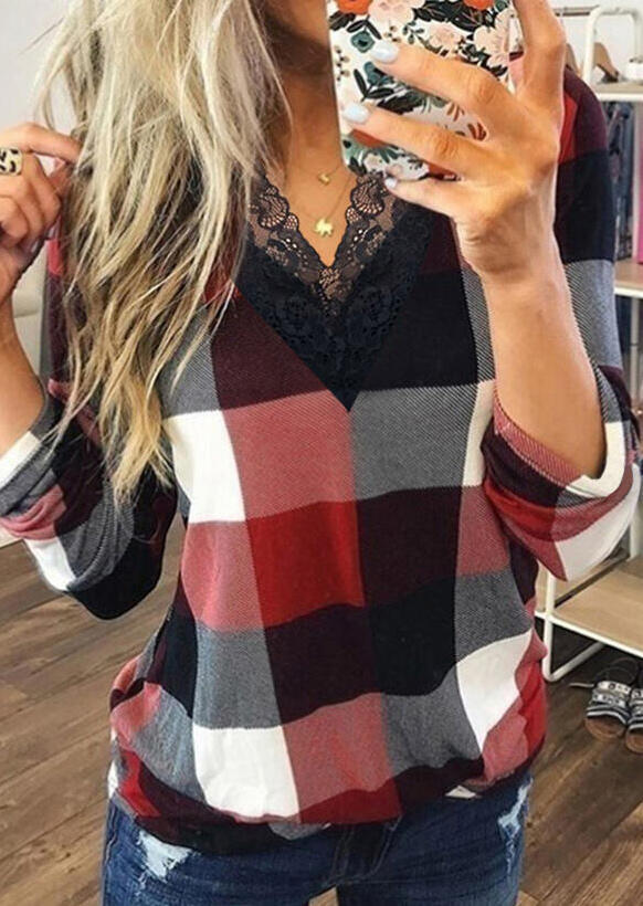 

Lace Plaid Splicing V-Neck Long Sleeve Blouse, Multicolor, 490836