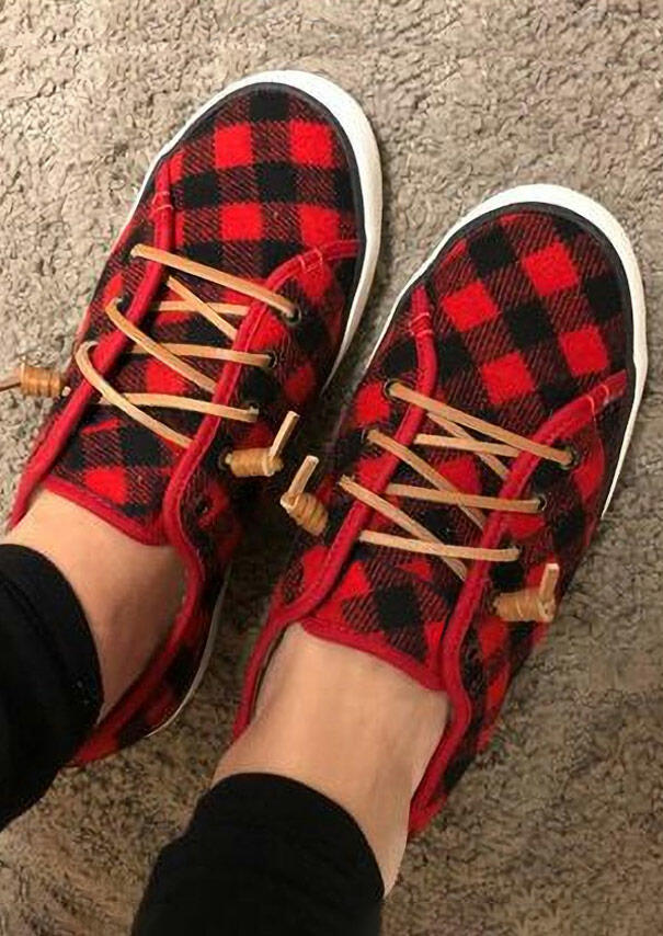 

Christmas Buffalo Plaid Lace Up Round Toe Flat Sneakers - Red, 490849