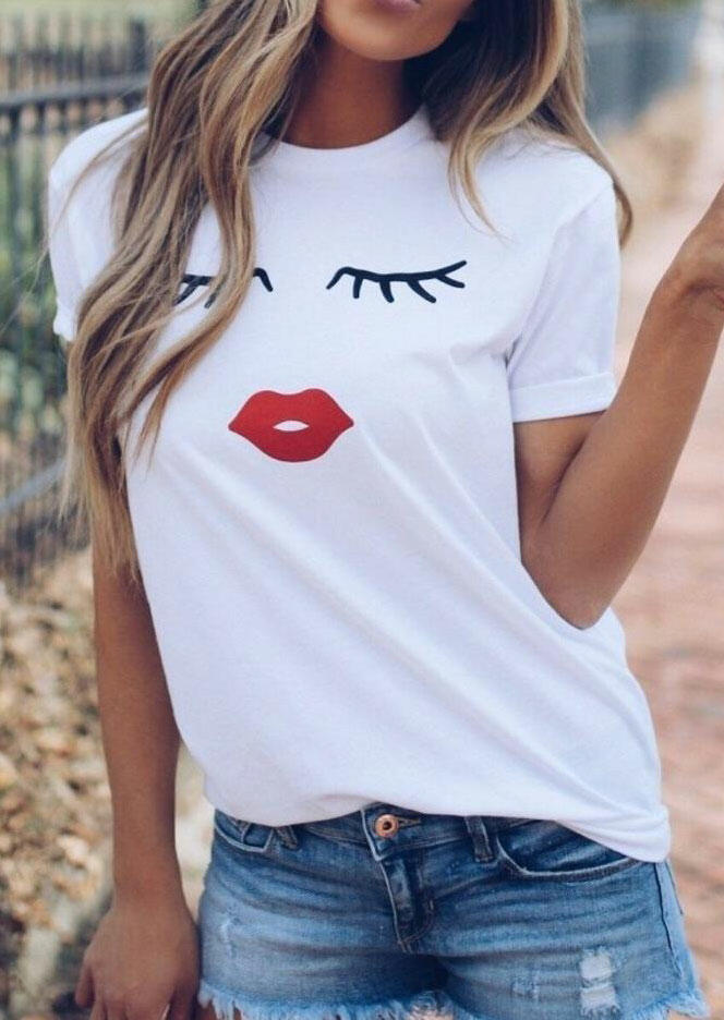 

Eyelashes And Lips O-Neck T-Shirt Tee - White, 490862