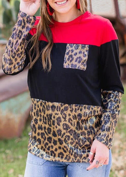 

Color Block Leopard Pocket Long Sleeve Blouse, Multicolor, 490888