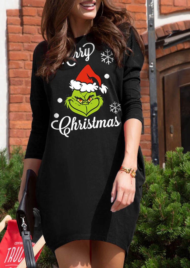 

Merry Christmas Grinch Snowflake Long Sleeve Mini Dress - Black, 490898