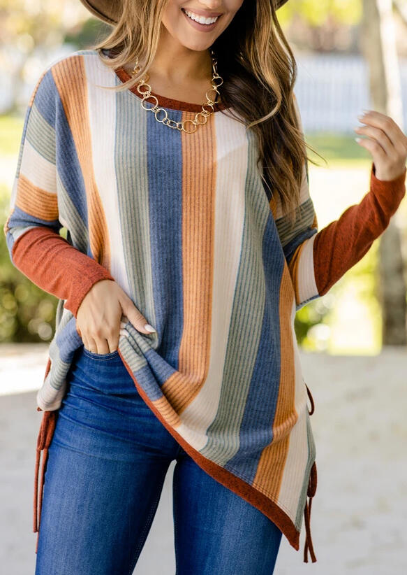 

Colorful Striped Slit Tie Casual Blouse, Stripe, 490904