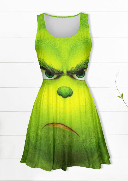 

Christmas Grinch O-Neck Sleeveless Mini Dress - Green, 490918