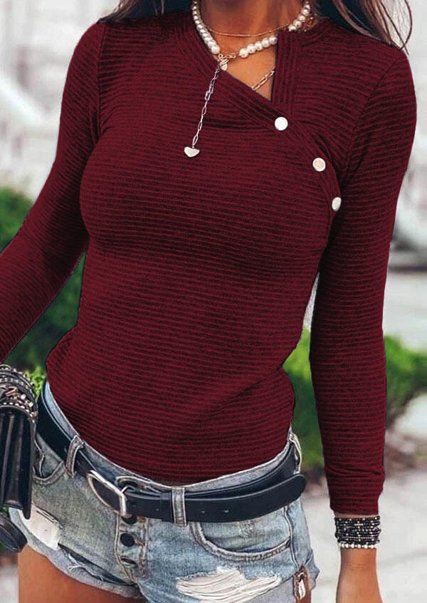 

Striped Button Long Sleeve Blouse - Burgundy, 490922