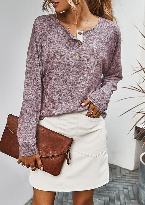 

Button Long Sleeve O-Neck Casual Blouse - Purple, Cameo brown, 490947