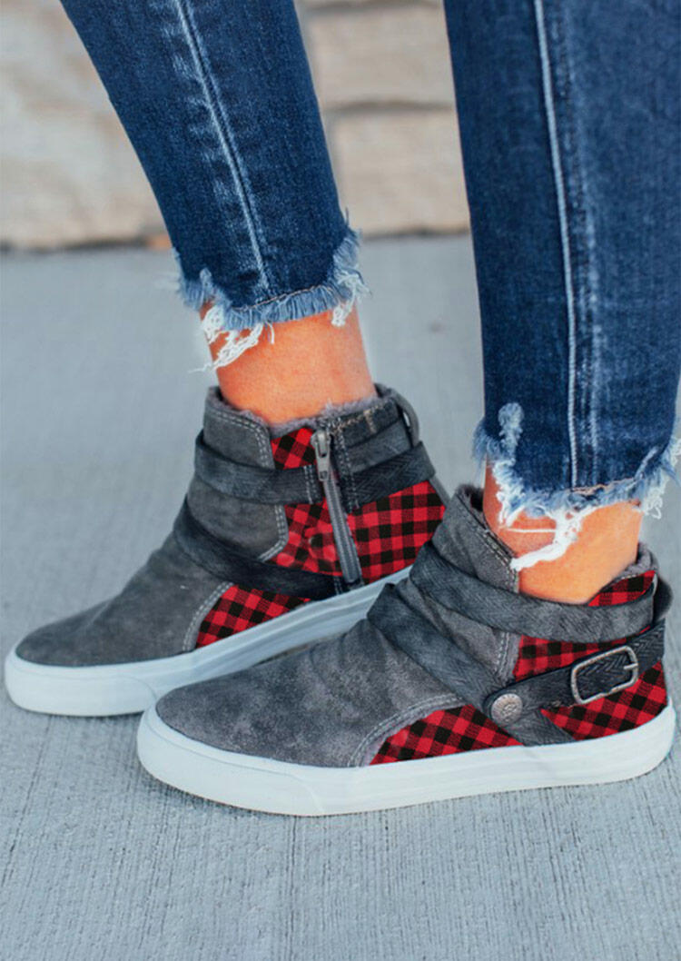 

Buffalo Plaid Buckle Strap Zipper Canvas Flat Sneakers - Gray, 490956