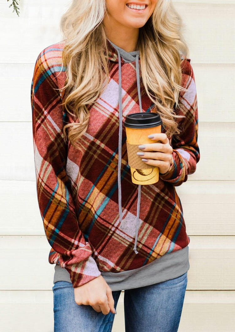 

Plaid Drawstring Raglan Sleeve Pullover Hoodie, 490579