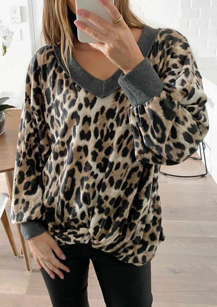 

Leopard Twist Long Sleeve V-Neck Blouse, 490853