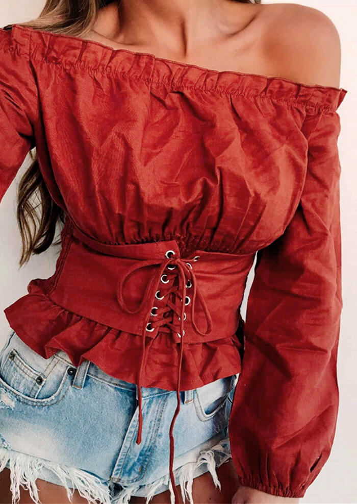 

Lace Up Off Shoulder Ruffled Elastic Cuff Crop Top - Brick Red, 490961