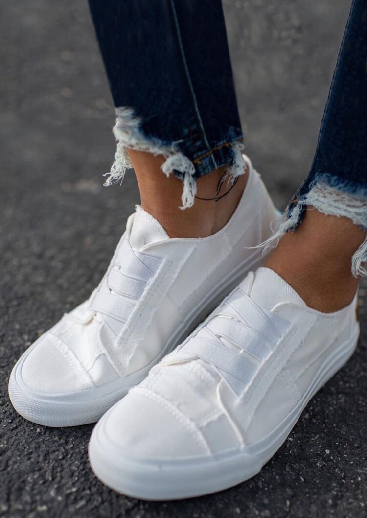 

Elastic Band Round Toe Flat Canvas Sneakers - White, 490967