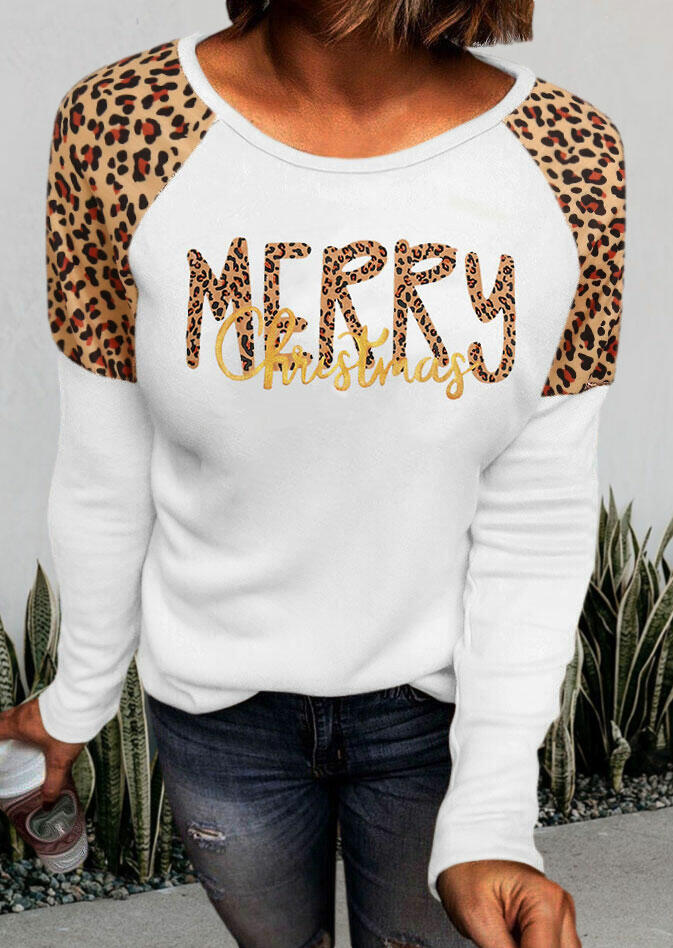 

Merry Christmas Leopard Splicing T-Shirt Tee - White, 491006