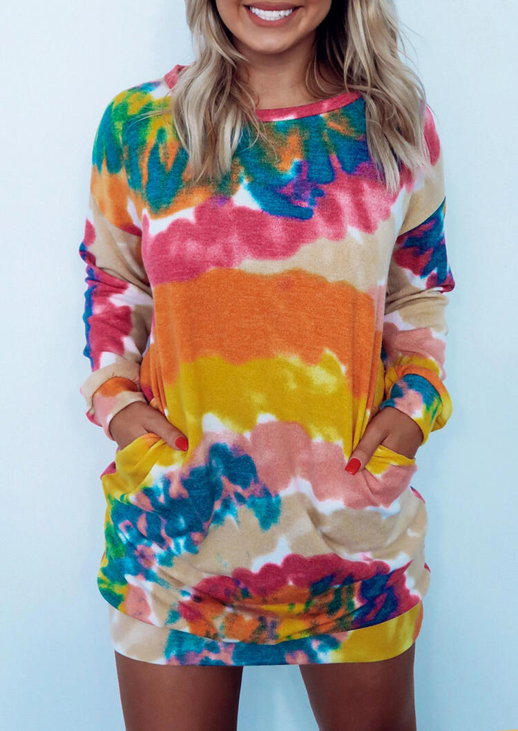 

Tie Dye Pocket Long Sleeve Mini Dress, Multicolor, 491020