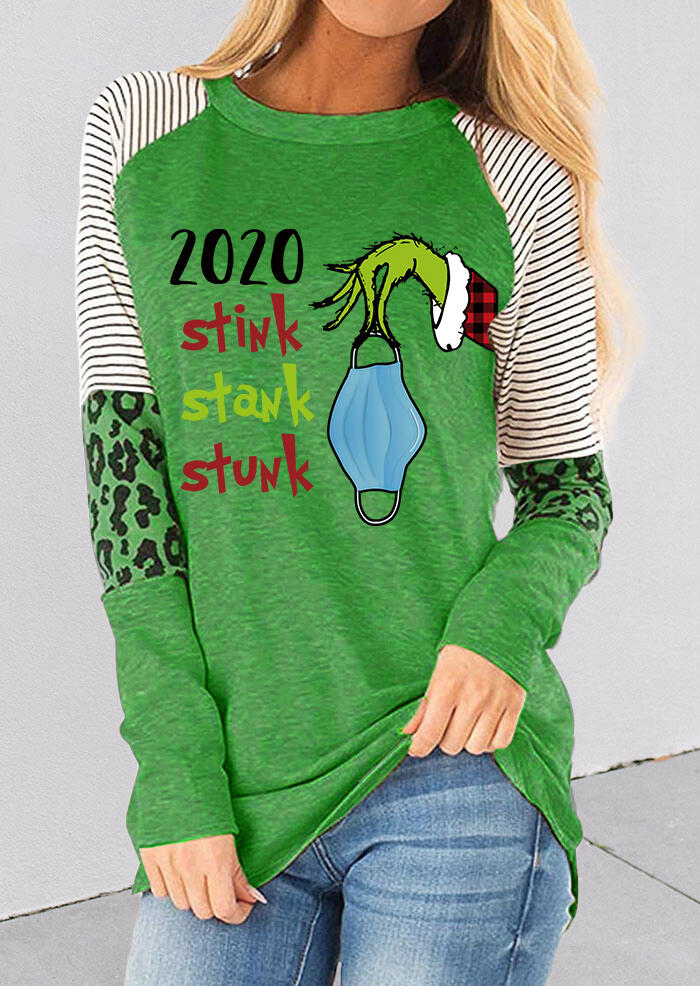 

2020 Stink Stank Stunk Grinch Hand Striped Leopard Blouse - Green, 491026