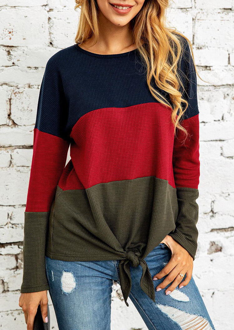 

Color Block Tie Long Sleeve Casual Blouse, Multicolor, 491039