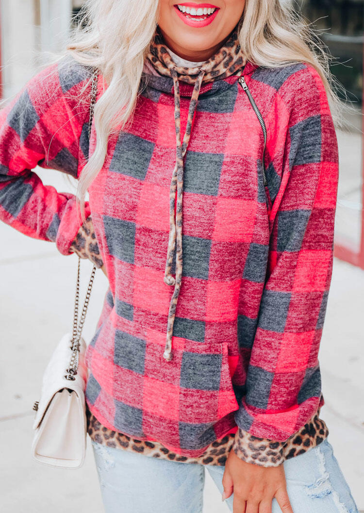 

Plaid Leopard Splicing Drawstring Kangaroo Pocket Hoodie - Red, 491048
