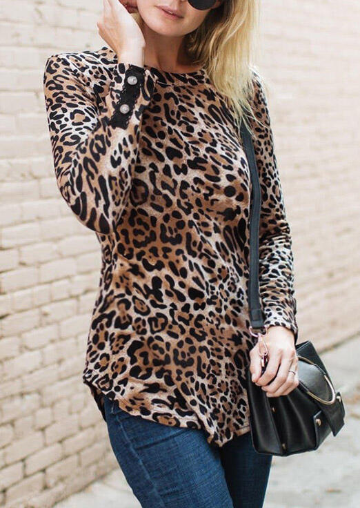

Leopard Lace Button Splicing Asymmetric Long Sleeve Blouse, 485035