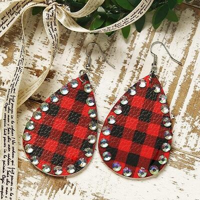 

Christmas Double-Sided Buffalo Plaid Rhinestone Water Drop Earrings, Red, 487255