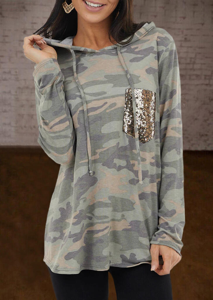 

Camouflage Sequined Pocket Drawstring Hoodie, 487950