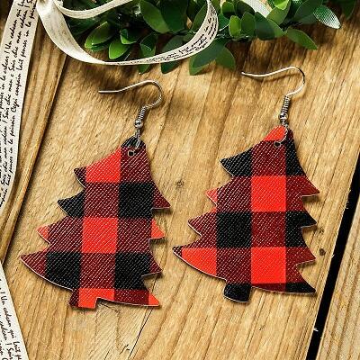 

Double-Sided Plaid Christmas Tree Drop Earrings, Red, 488501