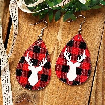 

Christmas Double-Sided Reindeer Buffalo Plaid Water Drop Earrings - Red, 489038