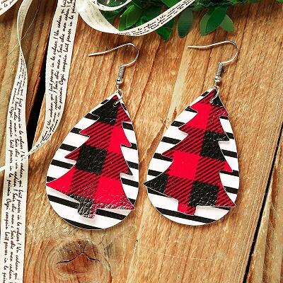 

Leopard Plaid Striped Christmas Tree Dual-Layered Earrings, 490775