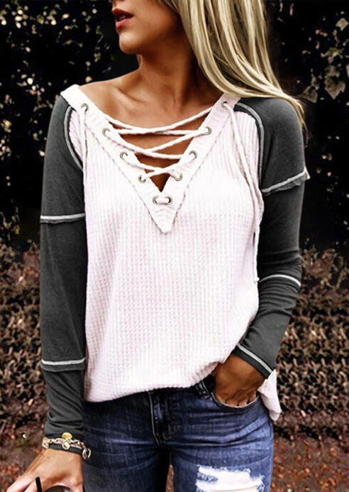

Lace Up Waffle Splicing V-Neck Long Sleeve Blouse - White, 491049