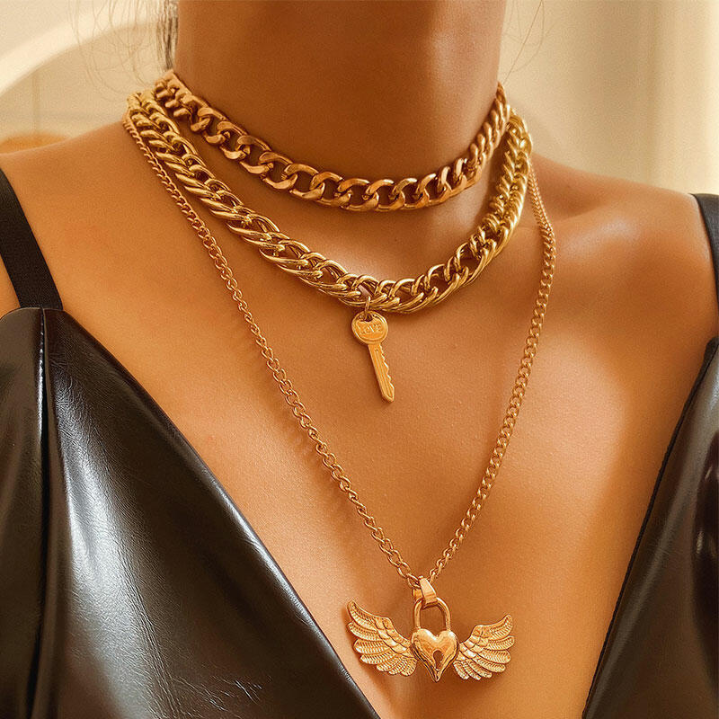 

3Pcs Creative Angel Wing Love Key Pendant Necklace Set - Gold, 491067