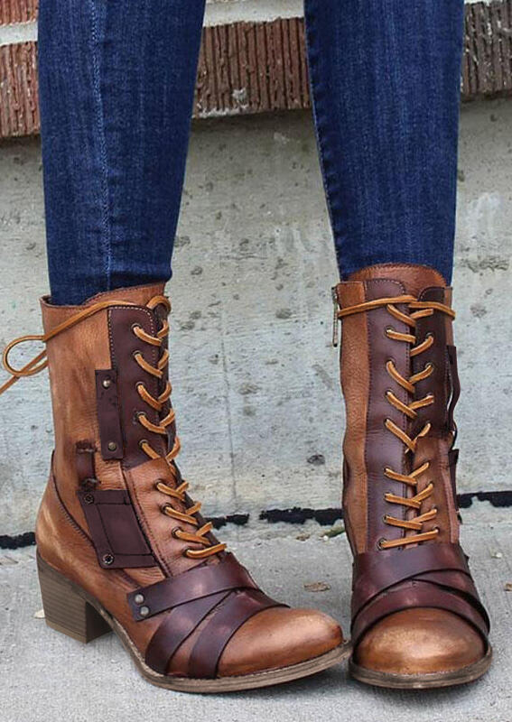 

Vintage Lace Up Zipper Chunky Heel Boots - Brown, 491078