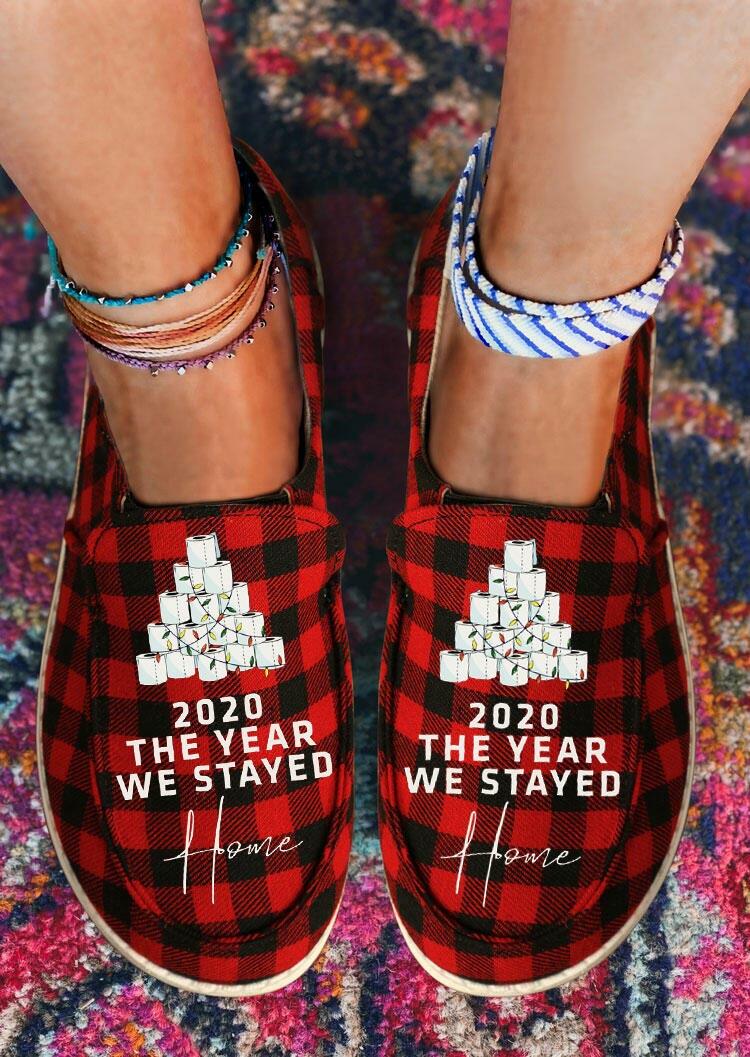 

2020 The Year We Stayed Home Buffalo Plaid Flat Sneakers - Red, 491105
