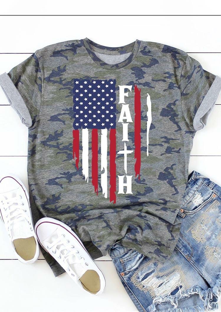 

Camouflage American Flag Faith T-Shirt Tee, 491108