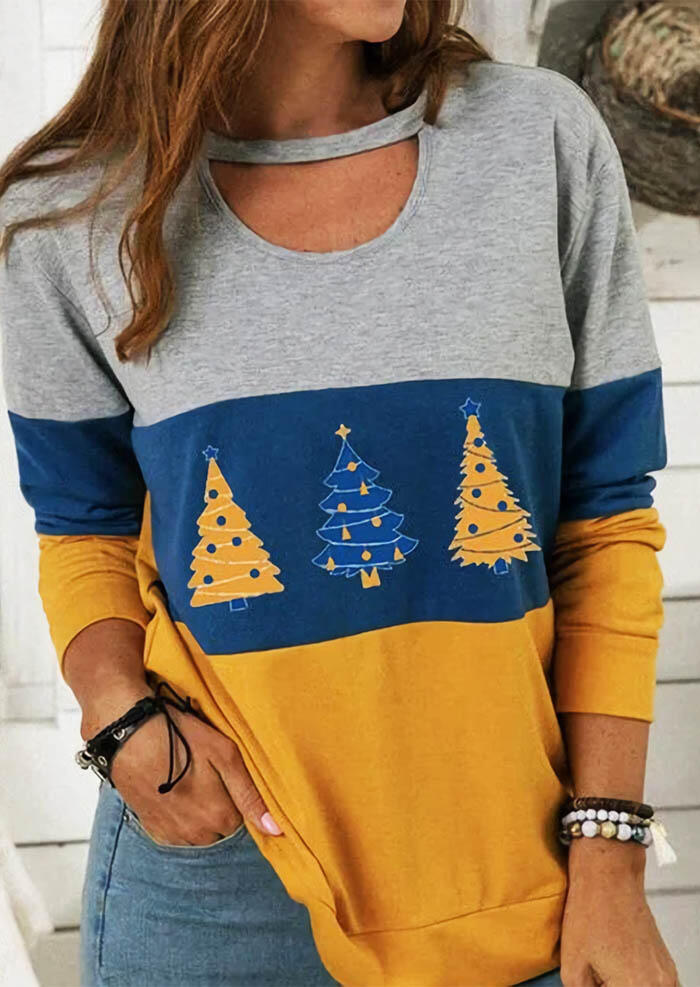 

Christmas Tree Color Block Hollow Out Blouse, Multicolor, 491112