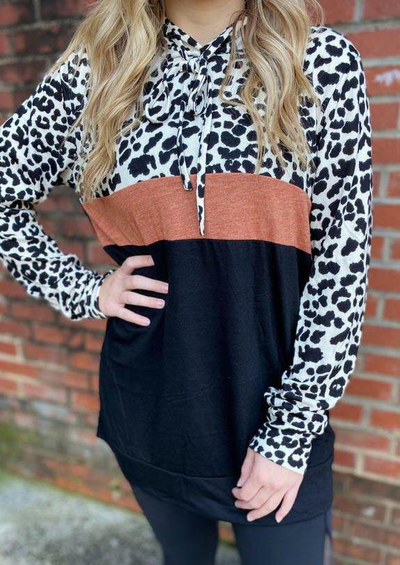 

Leopard Splicing Color Block Drawstring Hoodie, Multicolor, 491113