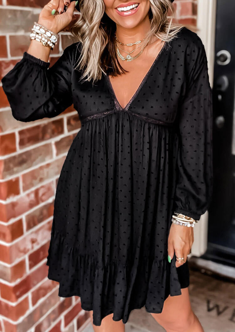 

Dotted Swiss Lace Splicing Ruffled V-Neck Mini Dress - Black, 491116