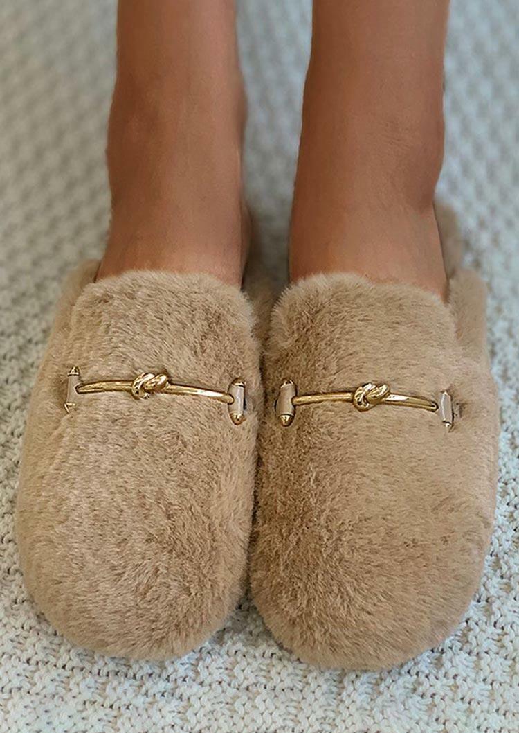 

Metal Decoration Warm Plush Round Toe Indoor Slippers - Khaki, 491144