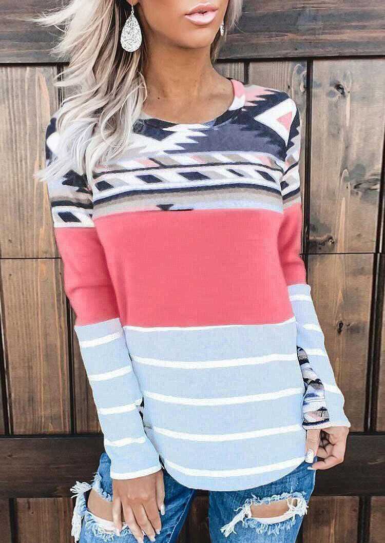 

Aztec Geometric Splicing Striped Long Sleeve Blouse, Multicolor, 488054