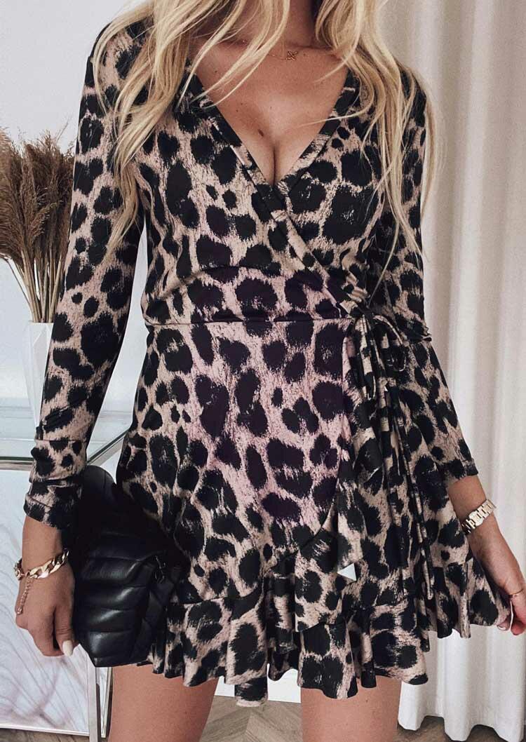 

Leopard V-Neck Wrap Tie Mini Dress, 489650