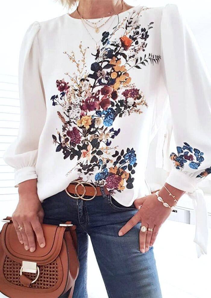

Floral Lantern Sleeve Tie O-Neck Blouse - White, 491059