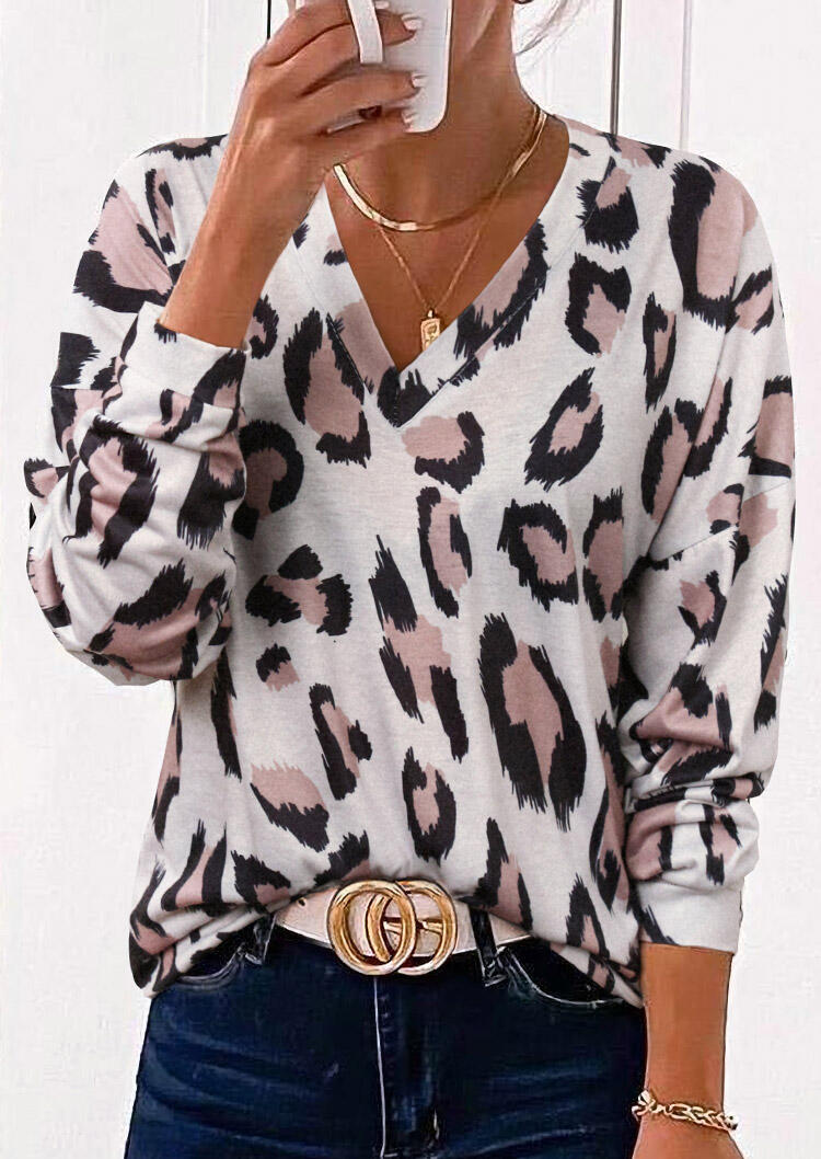 

Leopard V-Neck Drop Shoulder Casual Blouse, 491073