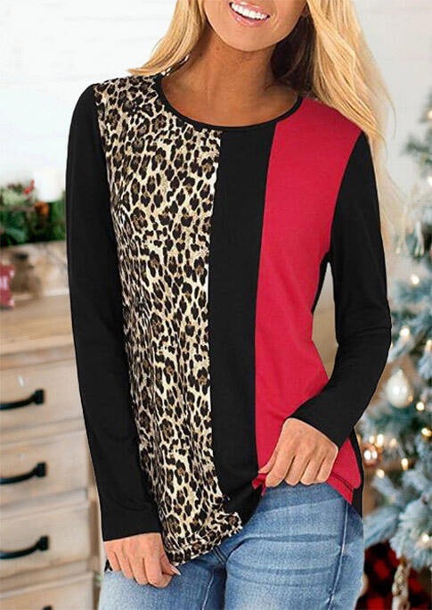 

Leopard Splicing Long Sleeve Casual Blouse, Multicolor, 491074
