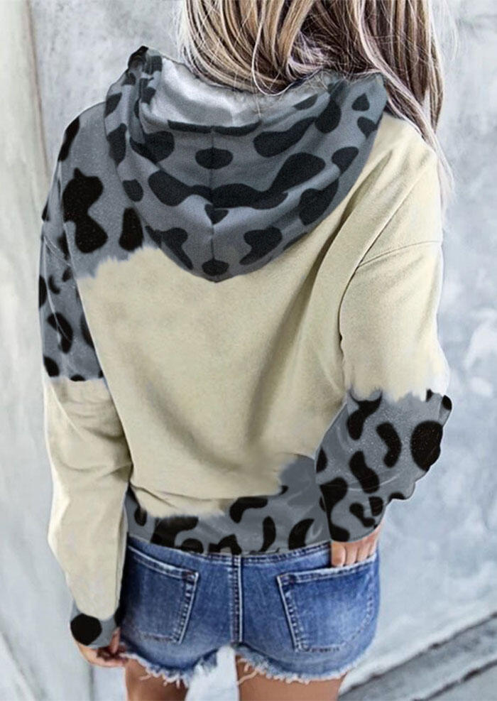 Cattle Leopard Splicing Drawstring Kangaroo Pocket Hoodie