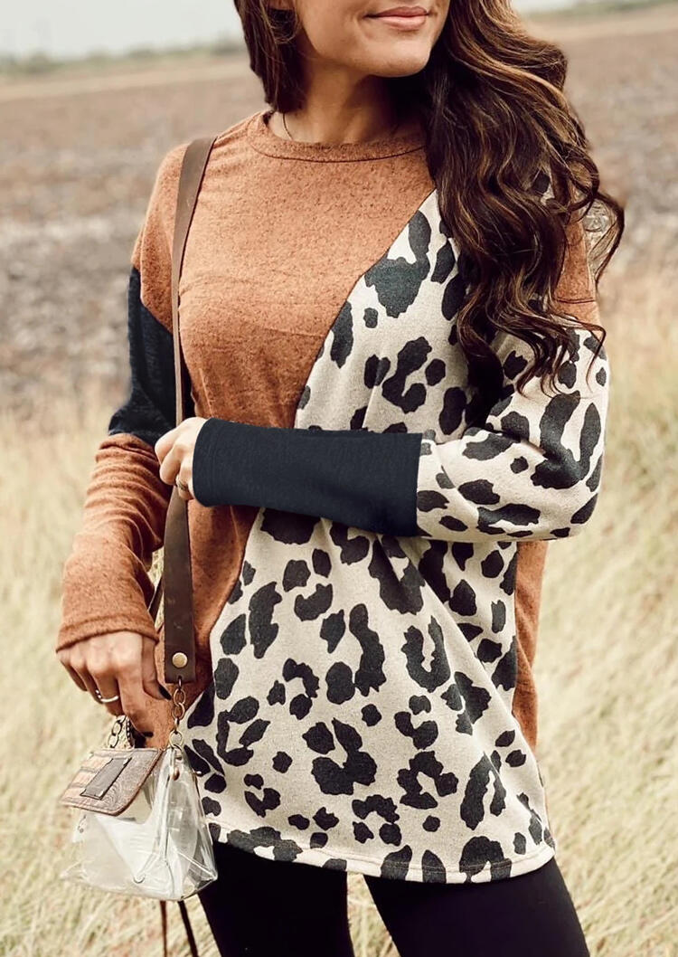 

Leopard Splicing Color Block O-Neck Blouse, Multicolor, 491132