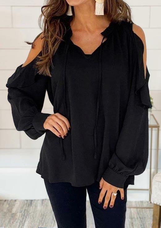 

Cold Shoulder Drawstring Long Sleeve Blouse - Black, 491152