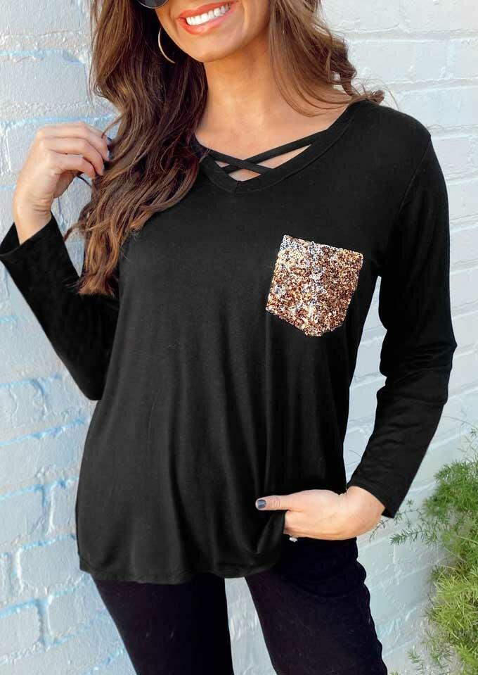 

Sequined Pocket Criss-Cross V-Neck Blouse - Black, 491154