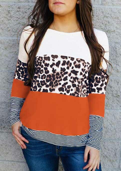 

Leopard Striped Color Block Casual Blouse, Multicolor, 491160